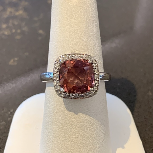 Sterling Silver Synthetic Pink Quartz & Diamond Halo Ring - Picture 1 of 4